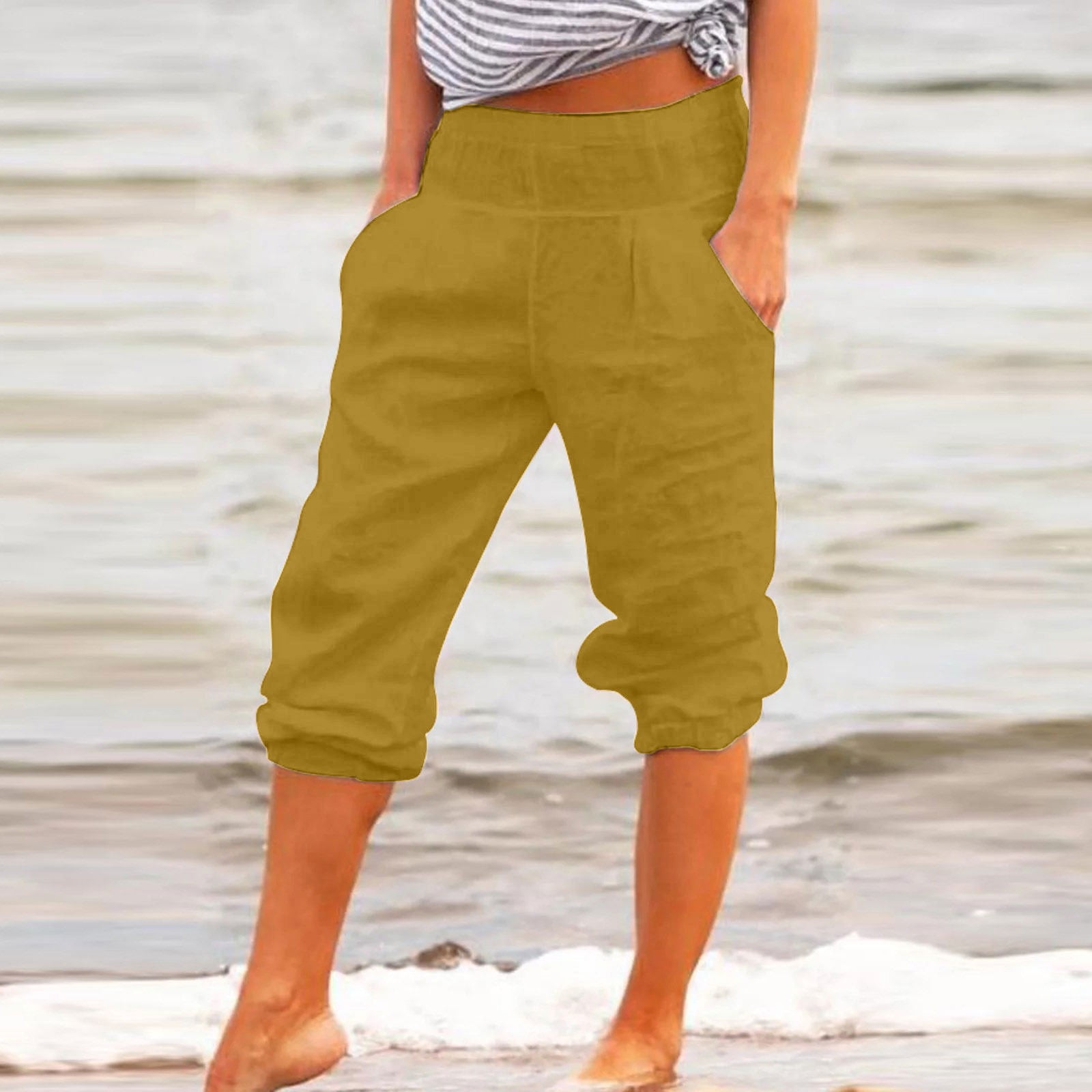 Karight Cargo Capri Pants for Women High Waisted Relaxed Fit Elastic ...