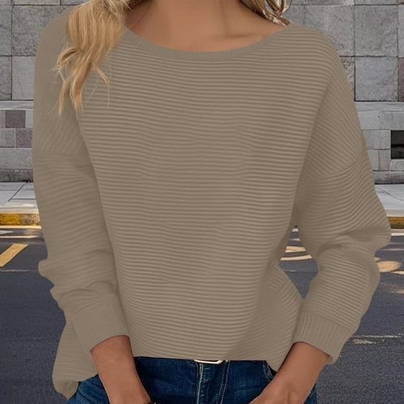 Karight Casual Women 2025 Fall Sweater Long Sleeve Ribbed Knit Pullover Loose Crewneck Batwing Split Sweater