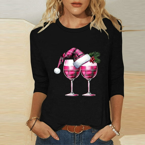 Karight Christmas Shirts for Women Xmas Print 3/4 Sleeve Tops Plus Size Crewneck Blouse Holiday Graphic Tshirts