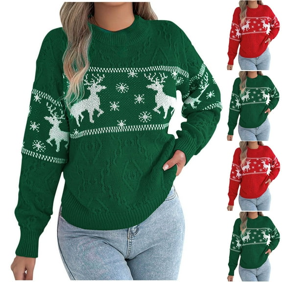 Karight Christmas Sweaters for Women Casual Crewneck Long Sleeve Floral Print Knit Fall Dressy Pullover Sweater Tops