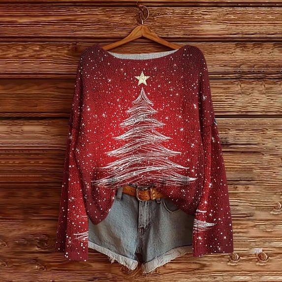 Karight Christmas Sweatshirts for Women Cute Funny Xmas Tree Graphic Shirt Loose Casual Holiday Party Pullover Tops