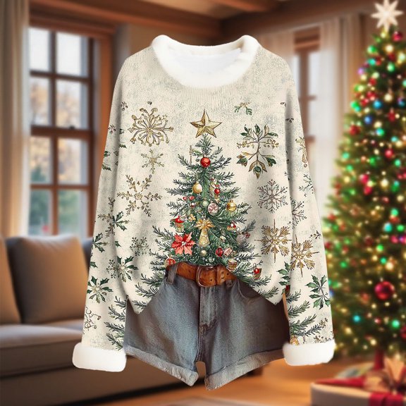 Karight Christmas Sweatshirts for Women Cute Funny Xmas Tree Graphic Shirt Loose Casual Holiday Party Pullover Tops