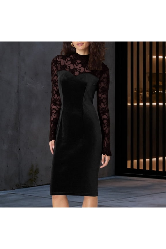 Cocktail Dresses for Women Mock Neck Lace Sheer Mesh Long Sleeve Velvet Patchwork Bodycon Midi Dress for Wedding Party