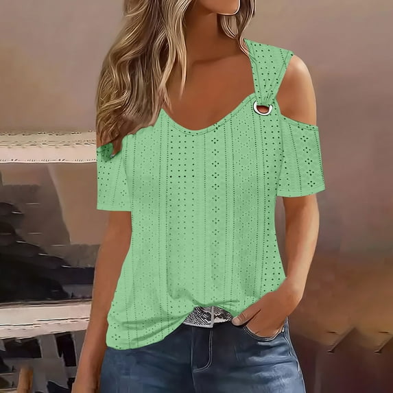 Karight Cold Sholuder Tops for Women Summer Hollow Out Eyelet Short Sleeve Blouse Loose V Neck Tshirt Casual Tunics