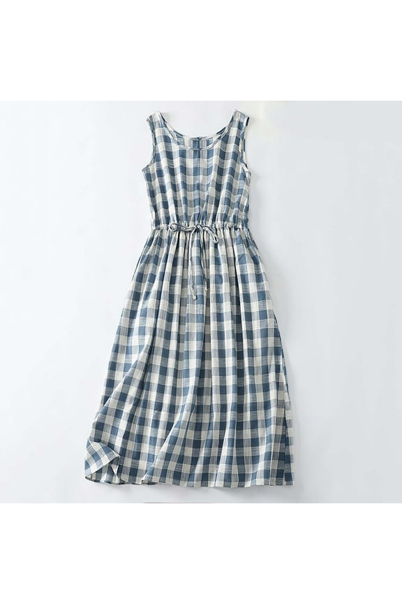 Cotton Linen Dresses Women Vacation Sleeveless Round Neck Blouson Dresses High Waist Drawstring Plaid Sundress