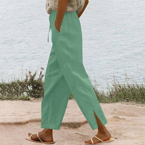 Karight Cotton Linen Pants for Women 2025 Summer Gauze Drawstring High Waisted Wide Leg Trousers Beach Vacation Clothes
