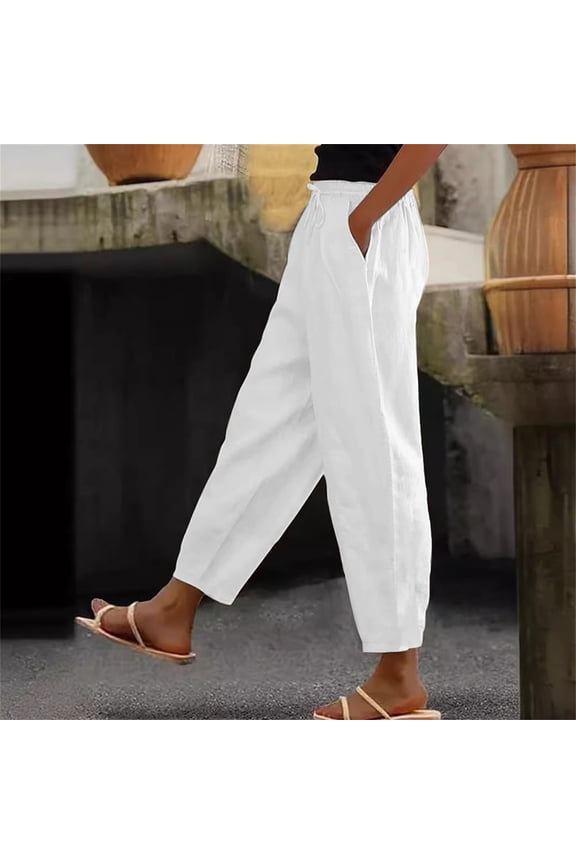 Cotton Linen Pants for Women Summer Gauze Drawstring High Waisted Lounge Trouser Casual Beach Vacation Clothes