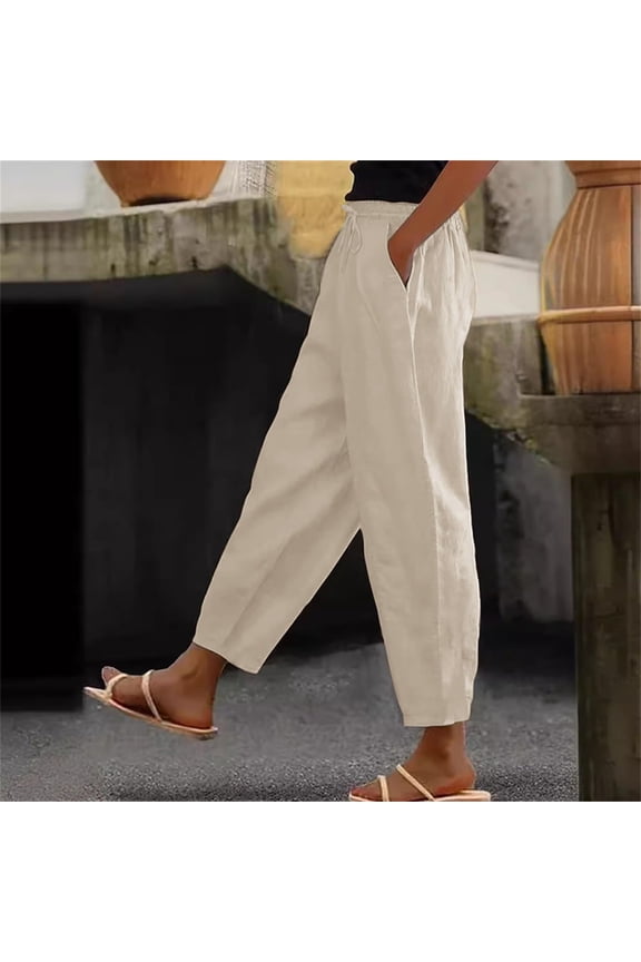 Cotton Linen Pants for Women Summer Gauze Drawstring High Waisted Lounge Trouser Casual Beach Vacation Clothes