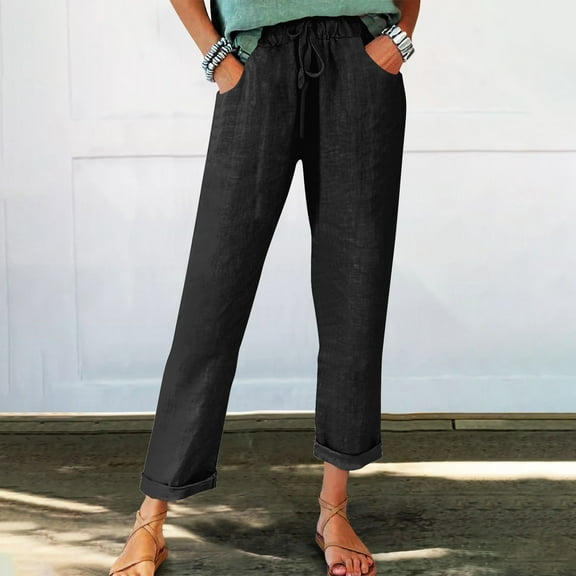 Karight Cotton Linen Pants for Women Summer High Waist Elastic Straight Leg Pant Casual Loose Solid Lightweight Beach Trousers