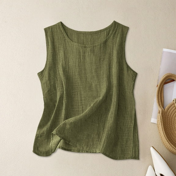 Karight Cotton Linen Tank Tops for Women Summer Vacation Lounge Tops Loose Fit Sleeveless Scoop Neck Shirts Beach Tees Vests