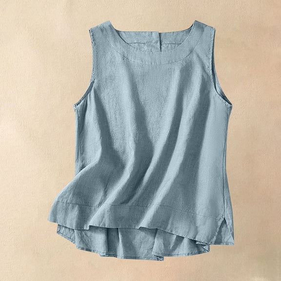 Karight Cotton Linen Tank Tops for Women Summer Vacation Lounge Tops Loose Fit Sleeveless Scoop Neck Shirts Beach Tees Vests