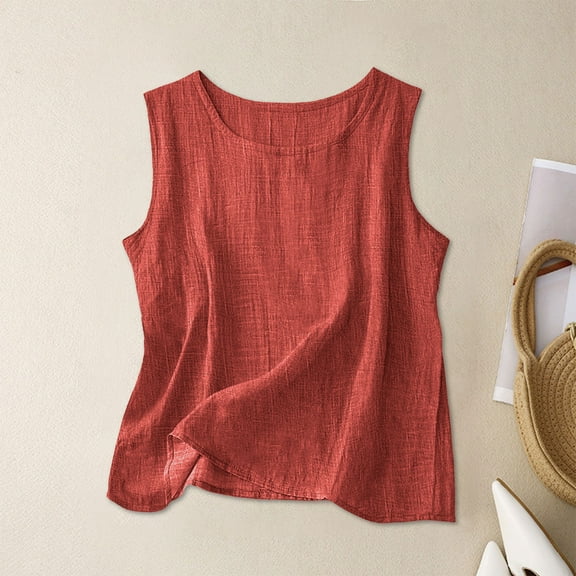 Karight Cotton Linen Tank Tops for Women Summer Vacation Lounge Tops Loose Fit Sleeveless Scoop Neck Shirts Beach Tees Vests