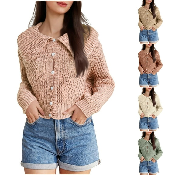Karight Cute Collared Cardigan Sweaters for Women Long Sleeve Loose Button Down Chunky Knitted Cropped Outerwear