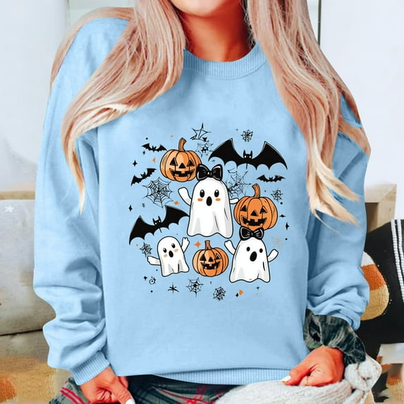 Karight Cute Ghost Sweatshirts for Women Crewneck Long Sleeve Party Tops Pullover