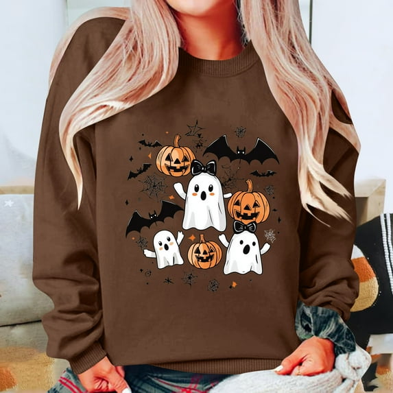 Karight Cute Ghost Sweatshirts for Women Crewneck Long Sleeve Party Tops Pullover