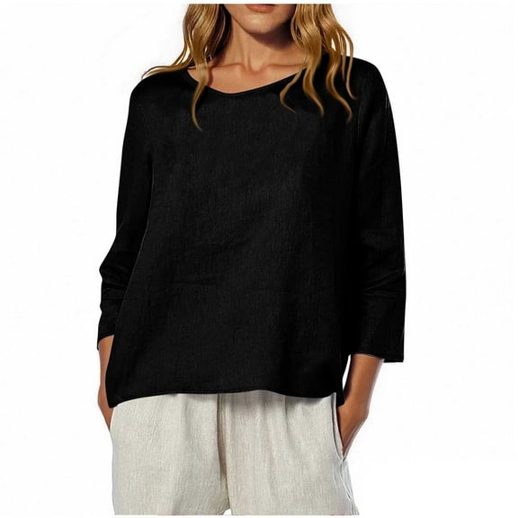 Karight Fall T Shirts Women Loose Fit Linen 3/4 Sleeve Boat Neck Tops Dressy Casual Blouses Floral Print Elbow Sleeve Tops