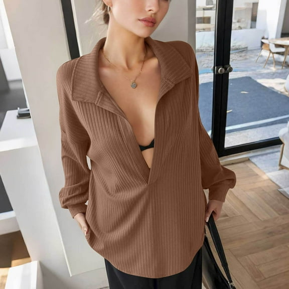 Karight Fashion Women's Long Sleeve Solid V-Neck Turndow Collar Ladies Top Blouse