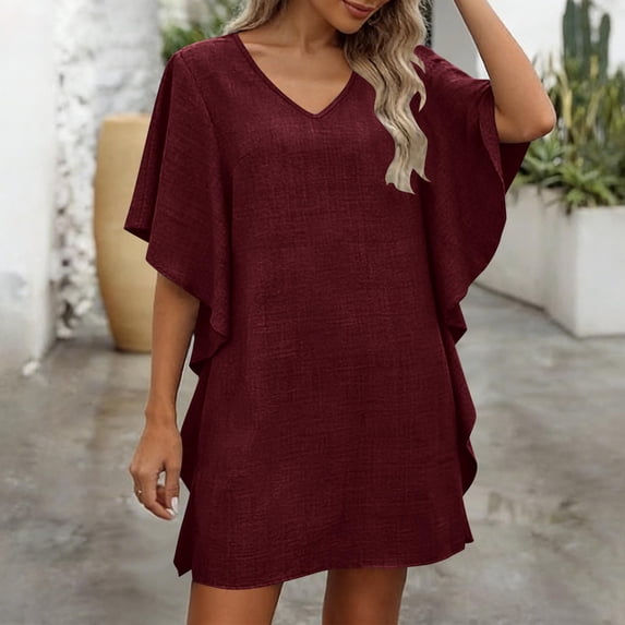 Karight Fashion Women's Solid V-Neck Short Sleeve Dresses Casual Comfortable All Occasio