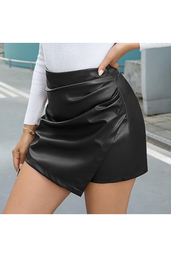 Faux Leather Skorts for Women High Waisted PU Leather Shorts Elastic Waist Ruched Wrap Skort