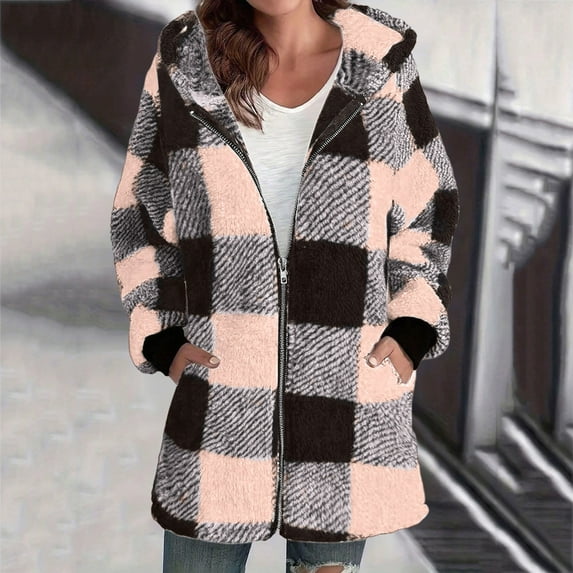 Karight Flannel Plaid Jacket for Women Casual Zip Up Sherpa Fleece Jackets Shackets Fall Winter Outfits Coats Hoodies