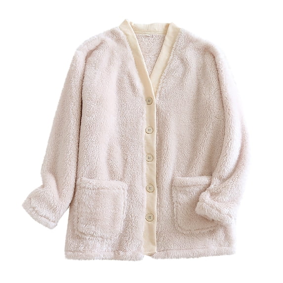 Karight Fleece Jacket Women Cozy Warm Bed Jackets for Elderly Women Fuzzy V Neck Button Up Sleepwear Long Sleeve Winter Coat