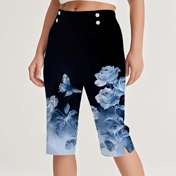 Karight Floral Capri Pants for Women Dressy Casual Stretch Straight Leg Dress Pants High Waisted Yoga Capris for Office Work