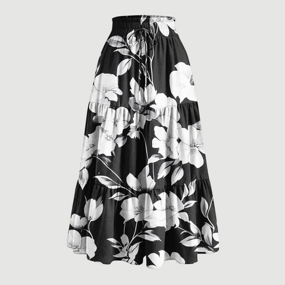 Karight Floral Maxi Skirt for Women Summer Comfy Tiered Elastic High Waisted Skirts Vacation A-Line Flowy Swing Long Skirts