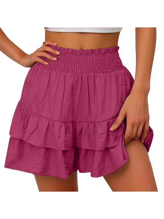 Flowy Shorts for Women Casual Boho Ruffle Tiered Skorts High Waist Mini Skirts Golf Tennis Crochet Shorts Hot Pink