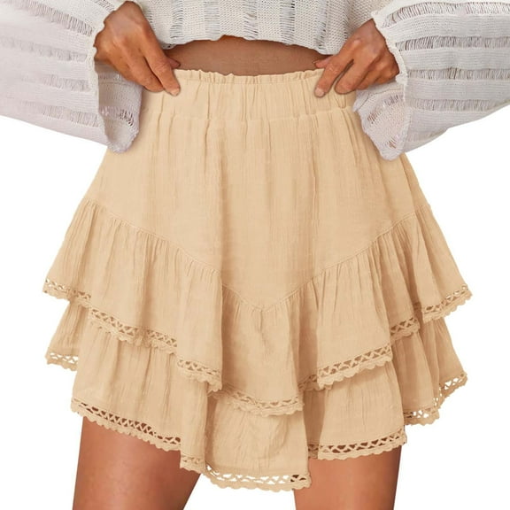 Karight Flowy Shorts for Women Casual Boho Ruffle Tiered Skorts High Waist Mini Skirts Golf Tennis Crochet Shorts