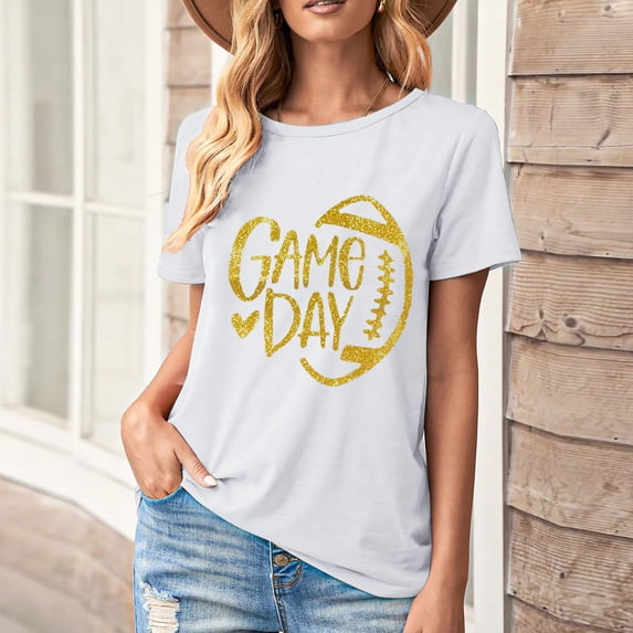 Karight Football Shirts for Women Game Day T Shirts Football Outfits Funny Graphic Tee Casual Short Sleeve Tee Shirts