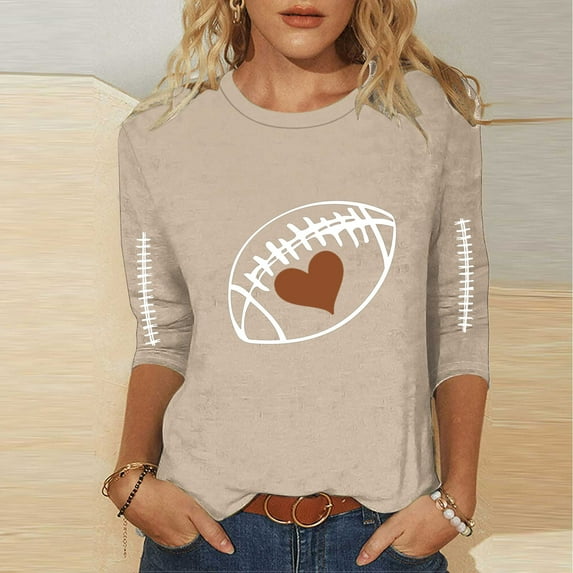 Karight Football Shirts for Women Plus Size Graphic Print Pullover Shirts Casual 3/4 Length Sleeve Crewneck Fall Fashion Tops