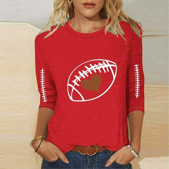 Karight Football Shirts for Women Plus Size Graphic Print Pullover Shirts Casual 3/4 Length Sleeve Crewneck Fall Fashion Tops