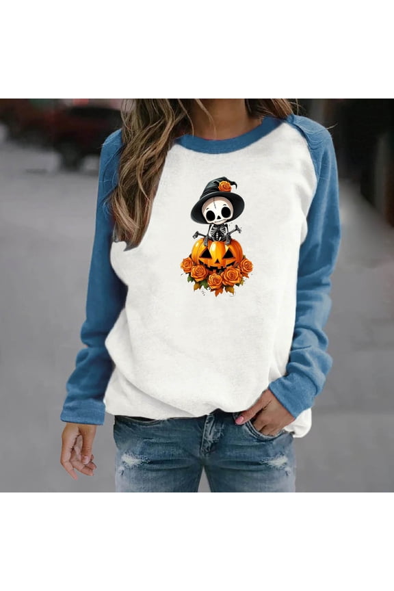 Ghost Sweatshirt Woman Long Sleeve Crew Neck Cute Spooky Printing Pumpkin Pullover Athletic Sweater