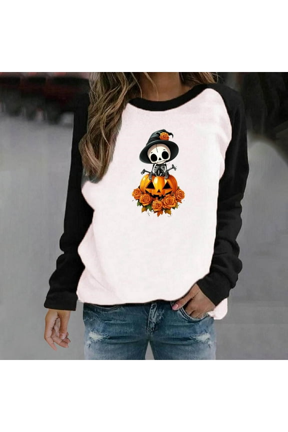 Ghost Sweatshirt Woman Long Sleeve Crew Neck Cute Spooky Printing Pumpkin Pullover Athletic Sweater