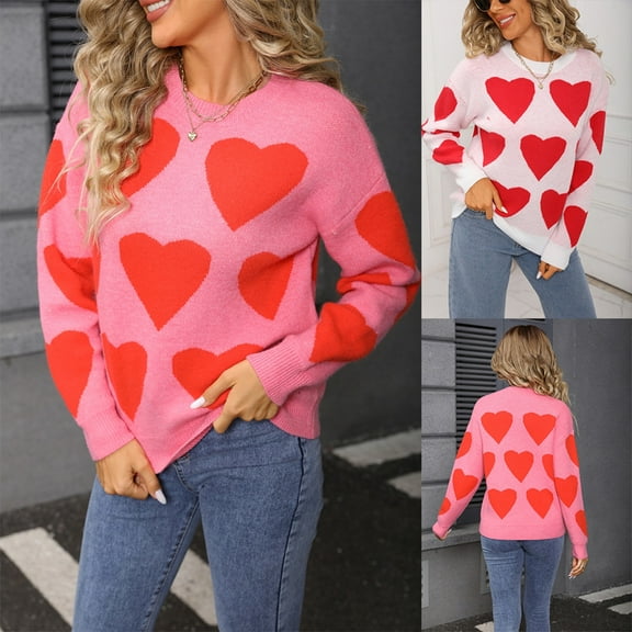 Karight Heart Sweater for Women Valentines Cute Print Crewneck Long Sleeve Love Sweaters Knit Pullover Tops