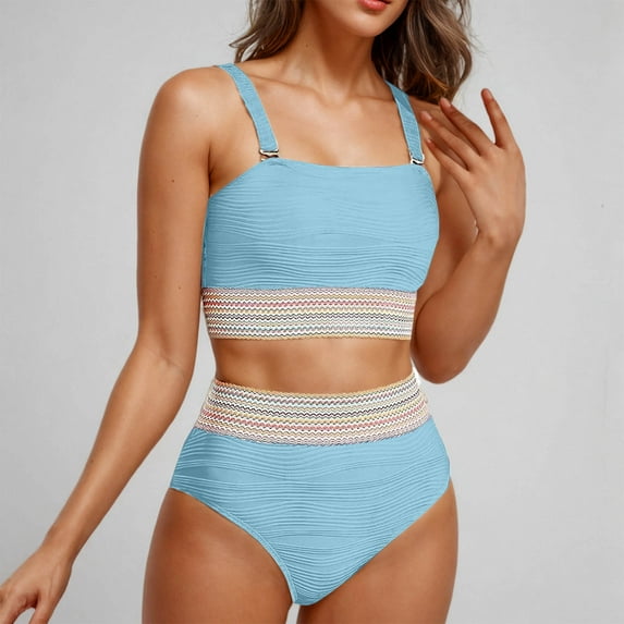 Karight High Waisted Bandeau Bikini Set - Women Strapless Two Piece Swimsuits Ribbed Longline Full Coverage Bathing Suits Swimwear