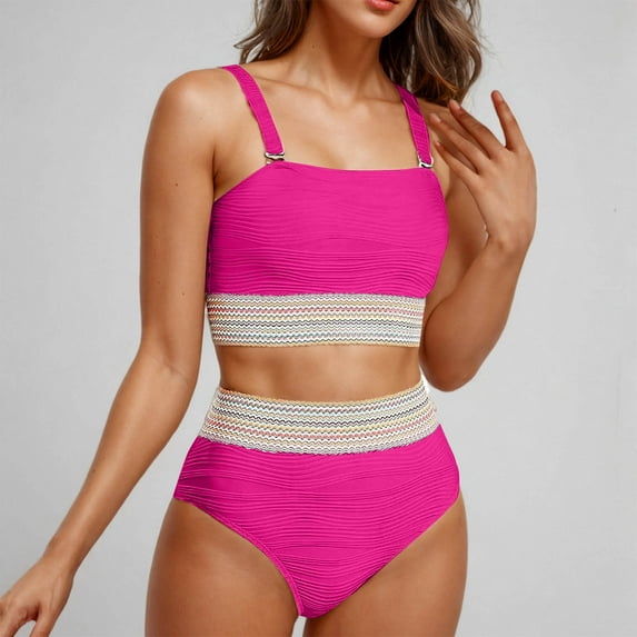 Karight High Waisted Bandeau Bikini Set - Women Strapless Two Piece Swimsuits Ribbed Longline Full Coverage Bathing Suits Swimwear