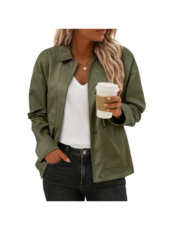 Jackets for Women Fall Fashion Fall/Winter Lightweight Coat Button Down Cropped Shackets With Pockets