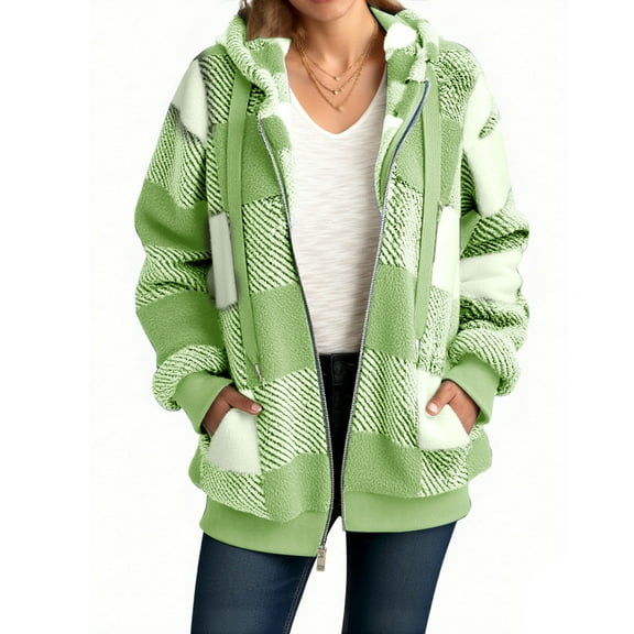 Karight Jackets for Women Fuzzy Fleece Zip Up Jacket Fall Winter Oversized Long Sleeve Hooded Warm Plaid Coats