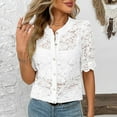 thumbnail image 1 of Karight Lace Blouses for Women Sheer Lace Short Sleeve Top Crew Neck Button Down Shirts Casual Puff Sleeve Dressy Shirt, 1 of 7