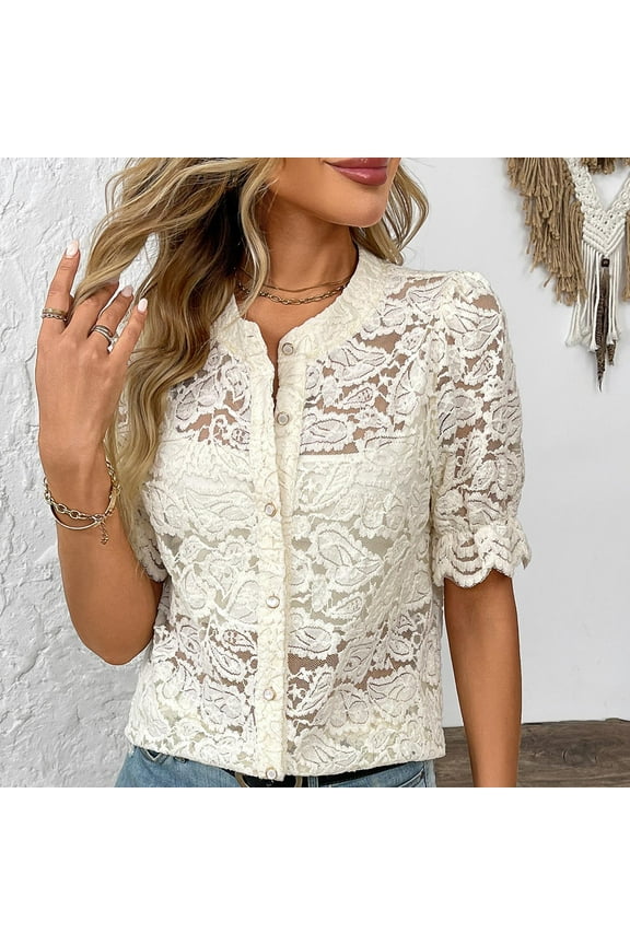 Lace Blouses for Women Sheer Lace Short Sleeve Top Crew Neck Button Down Shirts Casual Puff Sleeve Dressy Shirt