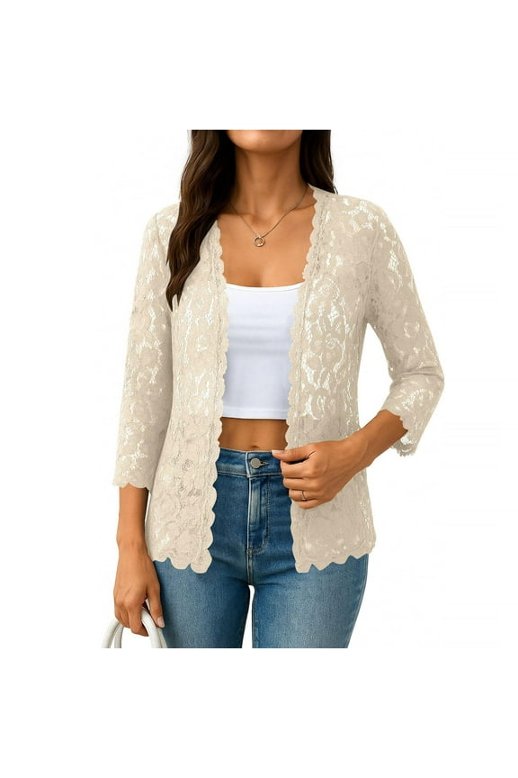 Lace Cardigan for Women Crochet Hollow Out Crop Cardigans 3/4 Sleeve Open Front Sweaters Lace Print Bolero Shrugs