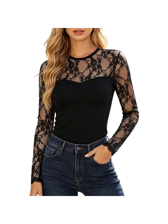 Lace Long Sleeve Top for Women Mesh Patchwork Going Out Tops Slim Fitted Crewneck Shirts Trendy Undershirt