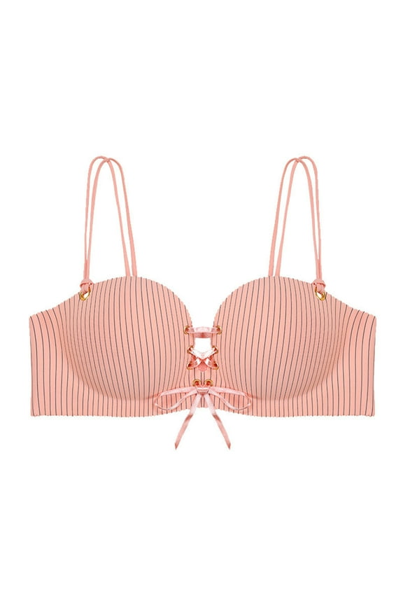 Laceup Front T-Shirt Bras for Women Comfort Wireless Full Coverage Push Up Striped Everyday Bra