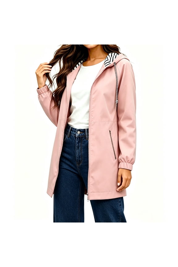 Ladies' Fashionable Solid Color Casual Waterproof Hooded Waterproof Jacket