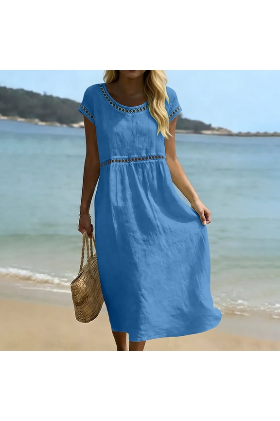 Linen Dresses for Women Cotton Maxi Dress Short Sleeve Lace Crew Neck Pleated Flowing Dress Summer Vacation Boho