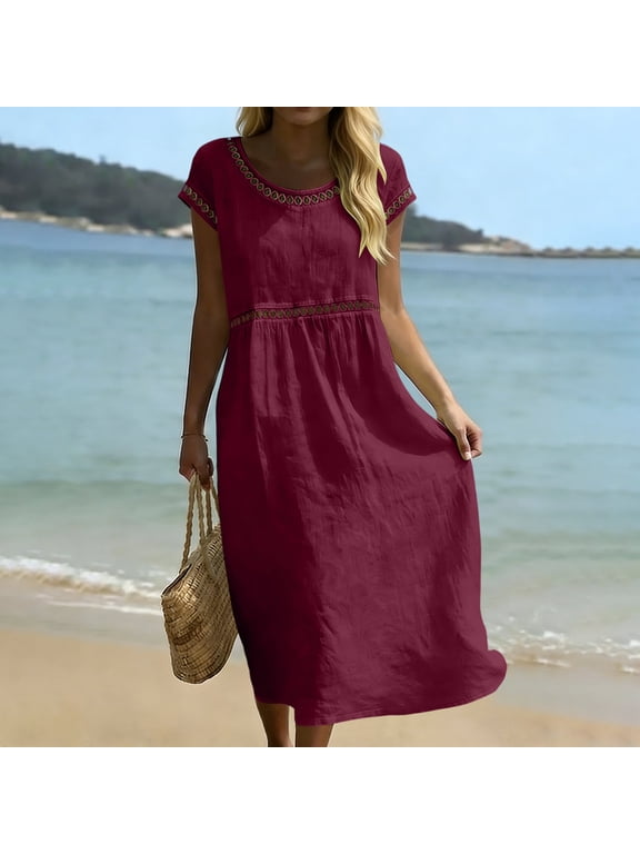Linen Dresses for Women Cotton Maxi Dress Short Sleeve Lace Crew Neck Pleated Flowing Dress Summer Vacation Boho