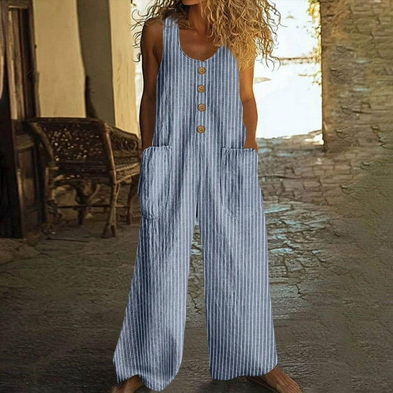 Karight Linen Jumpsuits for Women Button Down Sleeveless Casual Jumpers Loose Wide Legs Rompers Overalls with Pockets