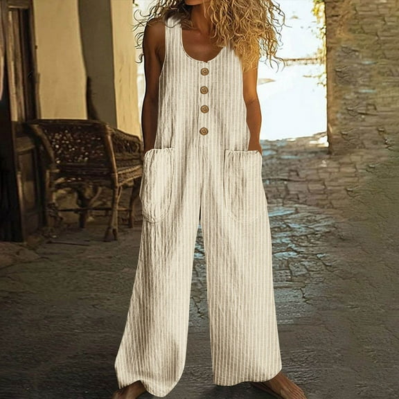 Karight Linen Jumpsuits for Women Button Down Sleeveless Casual Jumpers Loose Wide Legs Rompers Overalls with Pockets