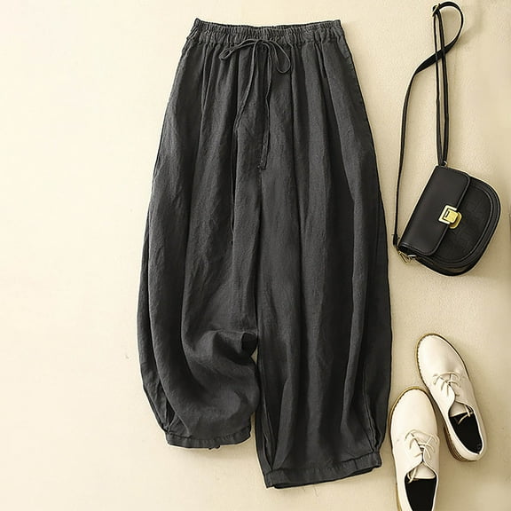 Karight Linen Pants for Women Cotton Baggy Boho Casual Palazzo Pants Wide Leg Long Lounge Trousers with Pockets Gray